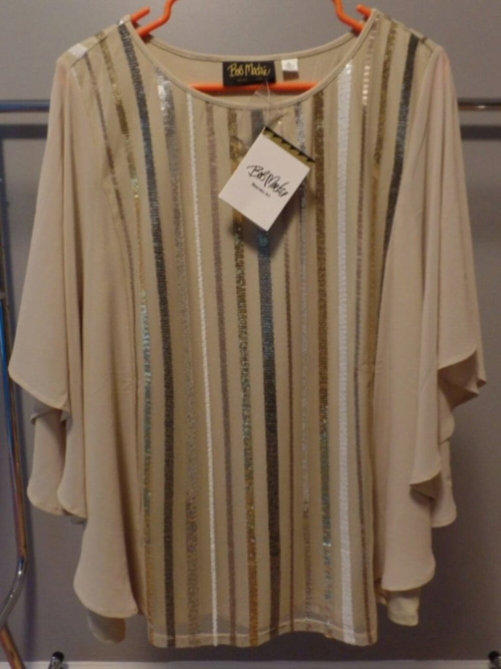 *NEW* Bob Mackie VERTICAL *SEQUIN* Stripe Cascade Sleeve XL 18 20 Champagne Lux